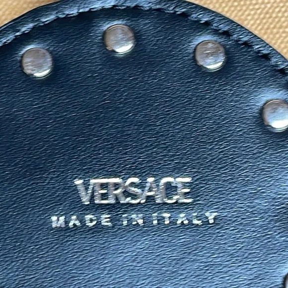 NWT VERSACE LA MEDUSA LOGO BLACK LEATHER STUDDED BAG CHARM KEY CHAIN - Picture 9 of 14